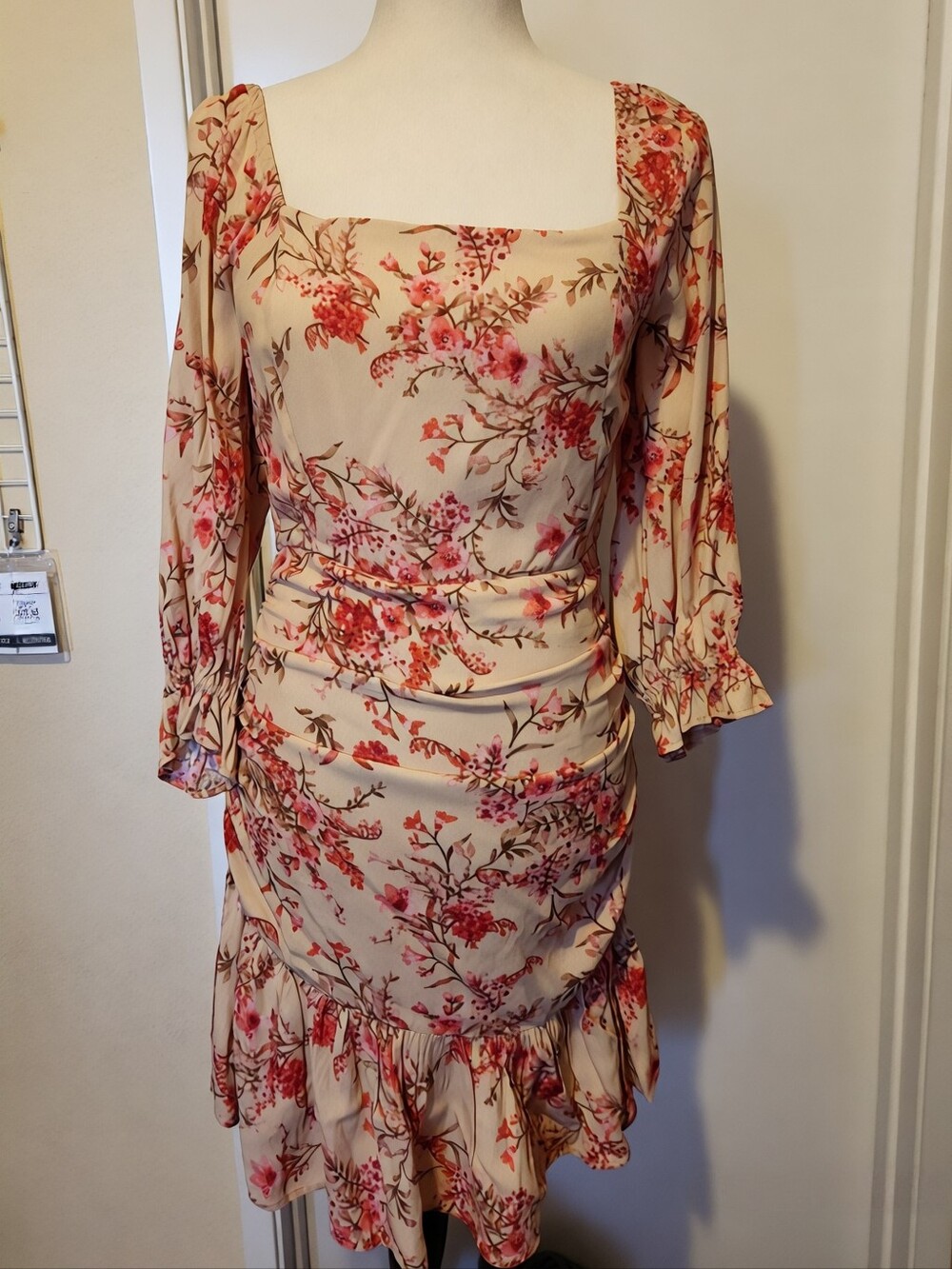 Floral Square-Neck Midi Dress in Cream and Pink